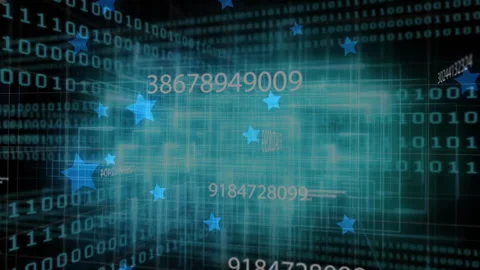 On fade in, cyan 3D wireframe grid pulsing, binary digits and star icons Stock Footage 311663216
