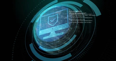 On fade-in, rotating globe with rings revealing security icon and scrolling code Stock Footage 312348680