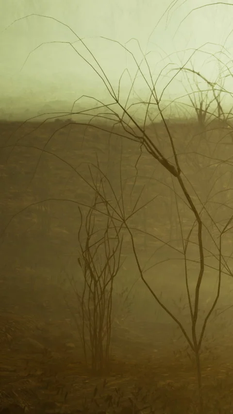 Faded landscape with thin branches in soft light during foggy weather Stock Footage 332217874