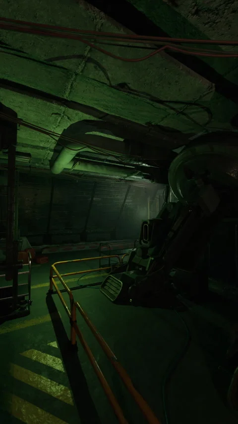 Faded mechanical passage featuring ominous green highlights and clutter Stock-Footage 329680395