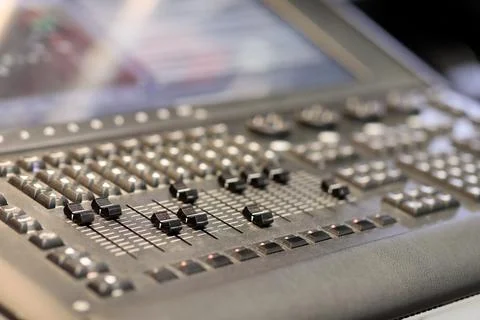 Faders and keys on the lighting control console Stock Photos