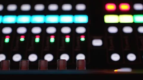 Faders On Mixing Console Closeup Studio Background Modern Audio Panel Stock Photos