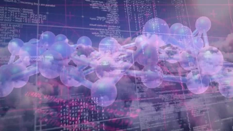 Fading 3D molecular chain rotating with pulsing highlights and code scrolling Stock Footage 329128391