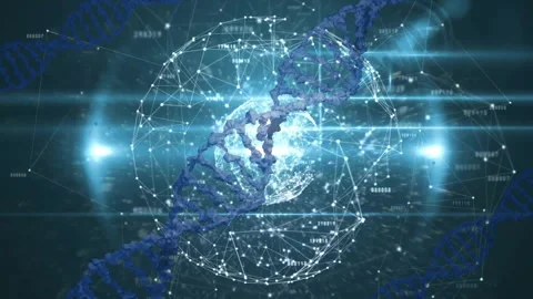 Fading 3D sphere pulsing nodes and codes as DNA helix spiraling round globe Stock Footage 313509573