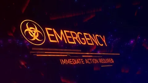 Fading amber biohazard icon starting EMERGENCY text changing subtitle urging 動画素材 317369523