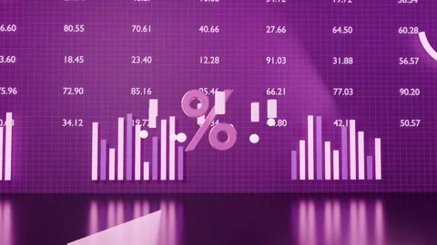 Fading and rising central % reacting to emerging bars populating purple grid, Stock Footage 339722125