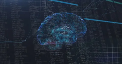Fading blue brain rotating over grid while scan bar scanning and code scrolling Video stock 311506853