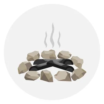A fading bonfire surrounded by stones. Smoke on the fire, ashes Stock Illustration