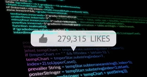Fading in bubble overlay updating likes per second on code background showing Stock Footage 313724907