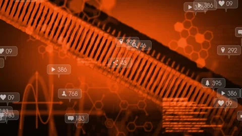 Fading code and waves initiating floating social icons around twisting 3D Stock Footage 310298338