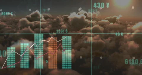 Fading in currency readouts over clouds, bars rising syncing with trend lines Stock Footage 310969889