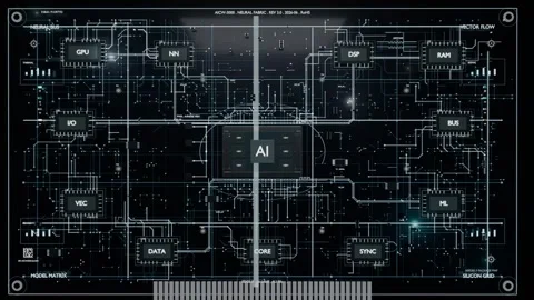 Fading into dark HUD, AI chip sending pulsing data along traces, mapping links Stock Footage 337964612