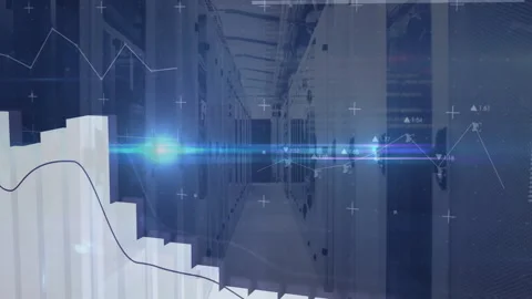 Fading in on data center aisle, translucent overlay showing rising 3D bars with Stock Footage 312639461