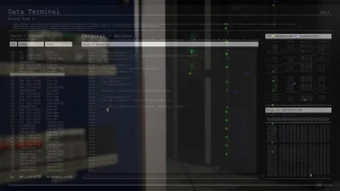Fading in Data Terminal running deploy command, loading files, visualizing live Stock Footage 313294329