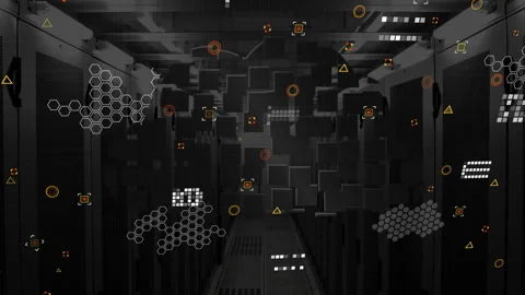 Fading digital HUD elements floating through server racks weaving nodes Stock Footage 314653746