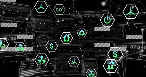 Fading eco hex icons on wireframe grid starting data visualization, sliding bars Stock Footage 313307064