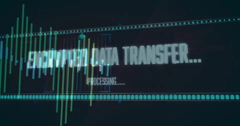 Fading in ENCRYPTED DATA TRANSFER label pulsing while bars changing colors for Stock Footage 310316932