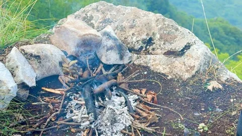 Fading flame fire pit smoke nature closeup Stock Footage 318287271