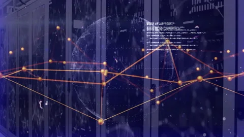 Fading-in globe mesh rotating as nodes join and code overlay showing network Stock Footage 310668482