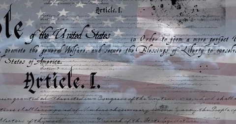 Fading Gothic-script title starting preamble lines scrolling while flag moving, Stock Footage 326752630