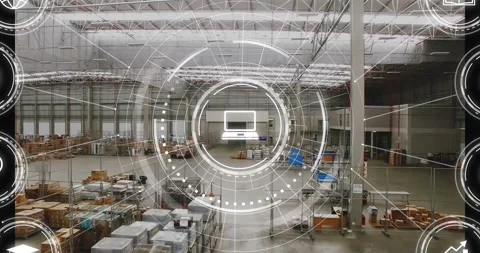 Fading graphic starting rings pulsing while warehouse data icons appearing Stock Footage 329699648
