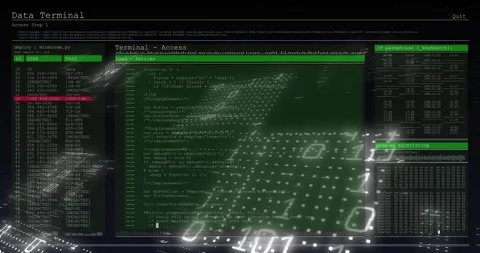 Fading green terminal UI showing pending row, scrolling code and hex dump, Stock Footage 313552814
