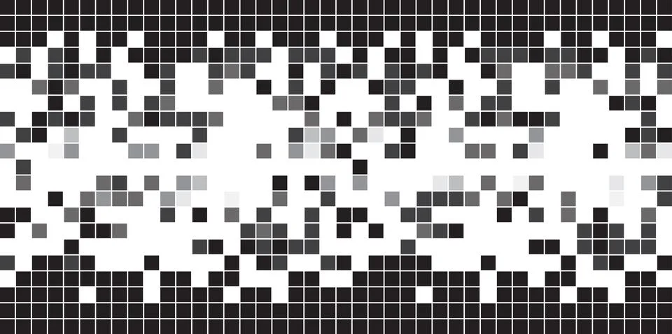 Fading greyscale border pixel pattern. Grey square tiles geometric mosaic des Stock Illustration