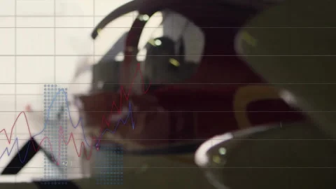 Fading grid overlay initiating red blue line graphs animating over airplane nose Stock Footage 313494258