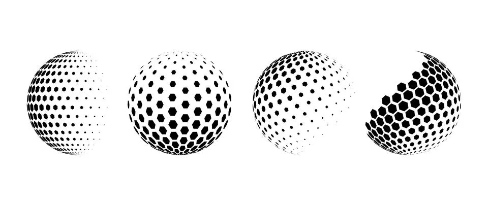 Fading halftone pattern sphere set. Hexagon wireframe 3d circle collection Stockillustratie