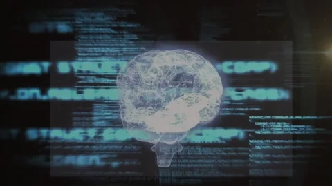 Fading in holographic 3D brain rotating, pulsing neural nets and scrolling code Stock Footage 329167333