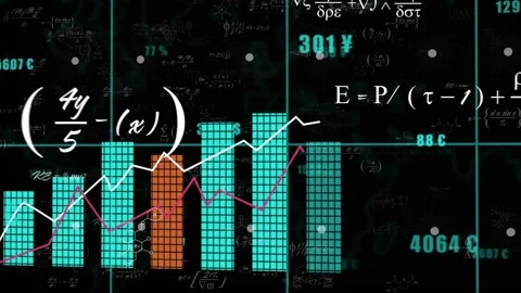 Fading large currency labels while bars rising and trend lines tracing data with Stock Footage 317799590