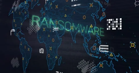 Fading letters initiating RAA morphing into RANSOMWARE, connecting data nodes Stock Footage 317858543