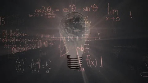 Fading lightbulb globe initiating chalking math formulas, graphs and diagrams Stock Footage 314409224