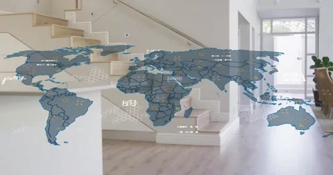 Fading-in map outline starting continent fill, icon popping, hex moving forming Stock Footage 318758395