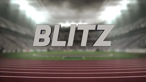 Fading metallic title text BLITZ appearing inside sports stadium, with red Stock Footage 311416006