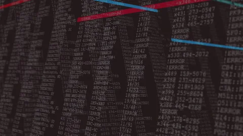 Fading near-black frame, error code columns emerging as red, blue bars scanning 動画素材 314745064