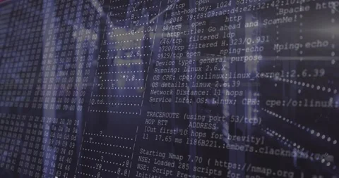 Fading-in Nmap scan overlay scrolling over blinking server racks illustrating Stockbeeldmateriaal 320287429