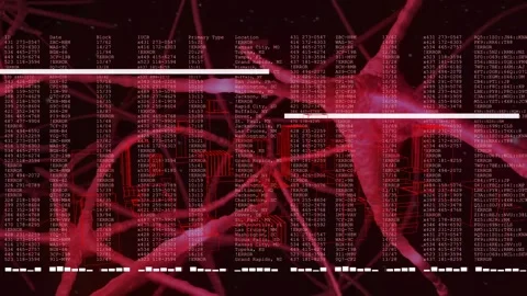 Fading overlay causing data columns scrolling over pink neural web, scan bars, Stock Footage 331161312