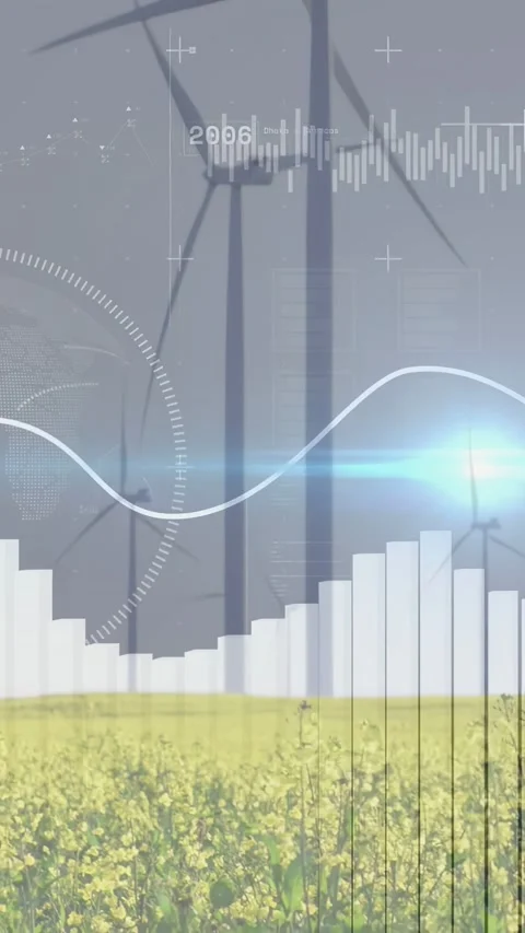 Fading overlay, HUD elements sweeping across flowering crop and wind turbines, Stock Footage 332806739
