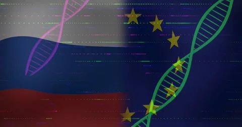 Fading pink and green DNA strands drifting on Russian, EU flags glitch looping Stock Footage 317465793