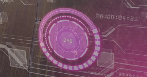 Fading in pink HUD visualizing data and rotating rings, dissolving plank into 스톡 동영상 311585618