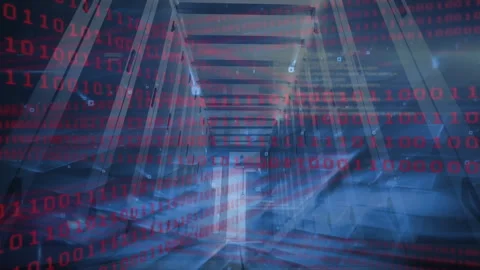 Fading red binary code starting streaming through corridor showing data flow and Stock Footage 311140803