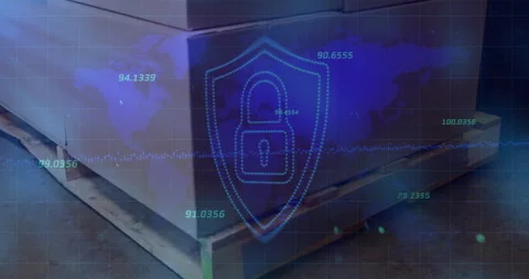 Fading shield icon on cartons stacked on pallet starting pulsing data wave Stock Footage 310325670