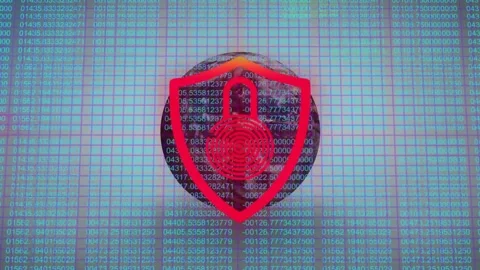 Fading shield lock icon on globe code grid pulsing scanner shifting outline into Stock Footage 327126652