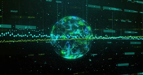 Fading sphere glowing in data field while waveform dots sliding bisecting and Stock Footage 311225303