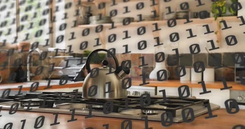 Fading in on start binary digits scrolling over steel kettle visualizing data 库存影片 316702187