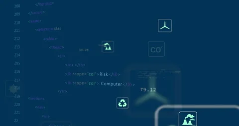 Fading in at start, data icons floating over scrolling cybersecurity, updating 스톡 동영상 313494533