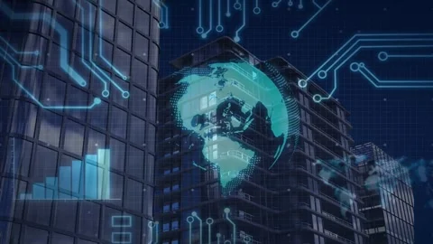 Fading teal globe rotating while HUD circuitry sliding in and bar chart pulsing Stock Footage 335651865