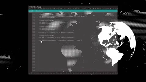 Fading terminal window revealing modules, scrolling code over dotted world map Stock Footage 318260771