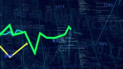 Fading three trend lines rising and spiking alongside scrolling code visualizing Stock Footage 310994142